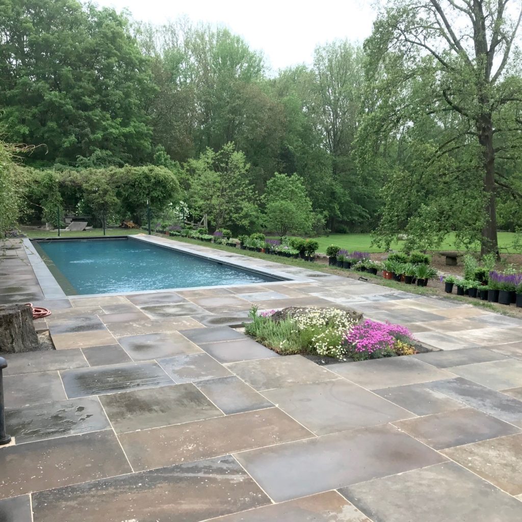 photo of reclaimed sandstone pavers surrounding a rectangular pool.  The pool is surrounded by many flowers and small trees.  Larger trees are in the background.