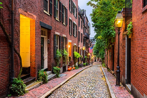 Origins of Antique Cobblestones - a photo of Acorn Street in Boston, Massachusetts.