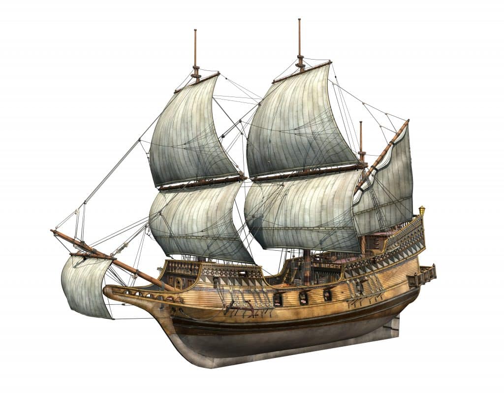 An illustration of a wooden ship from the 17th Century.