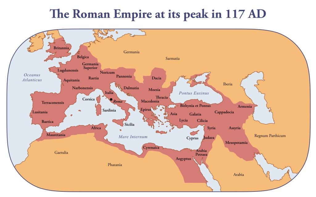 A map of the Roman Empire at its peak in 117 AD.  
