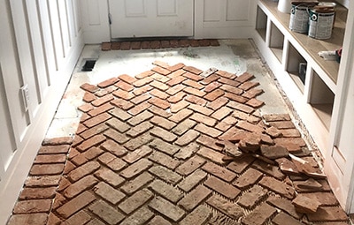 Reclaimed Brick Floor Tile installation in progress