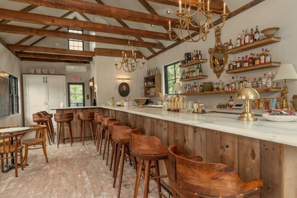brick floor tile in a rustic cocktail bar.