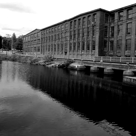 Black and white photo of the Draper Mill, Hopedale, MA