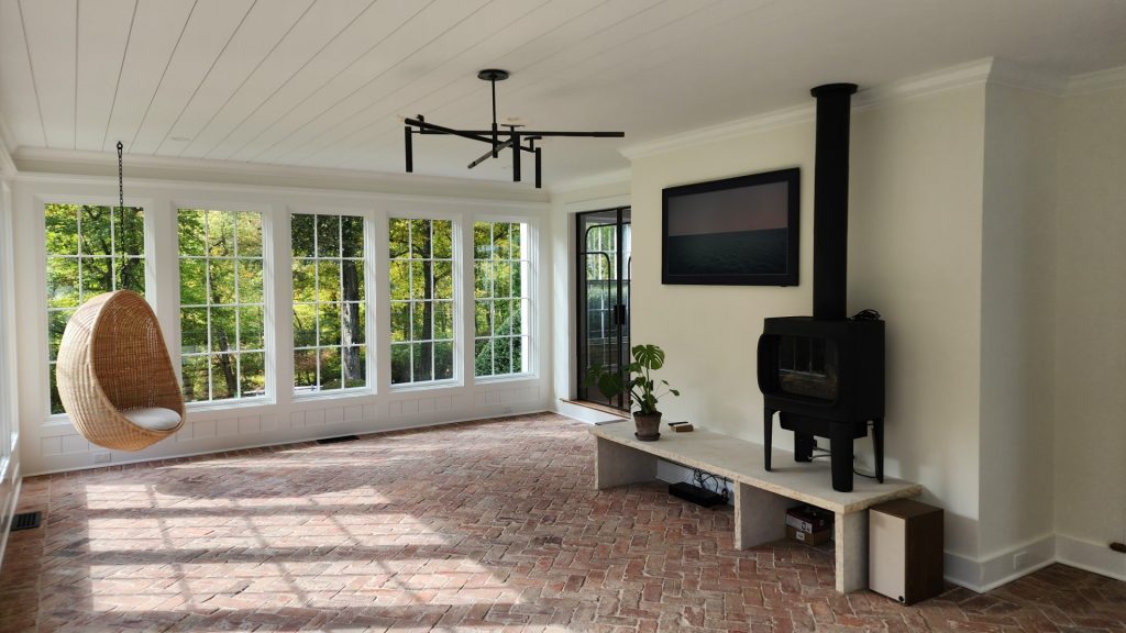 Thin brick floor tile in a mudroom.