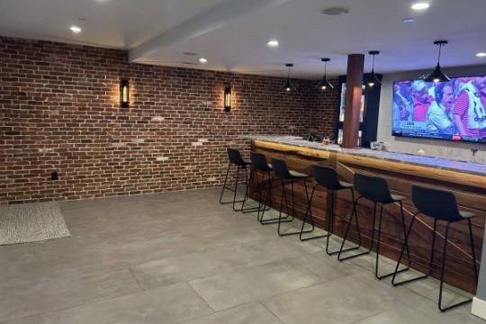 Reclaimed brick veneer shower wall