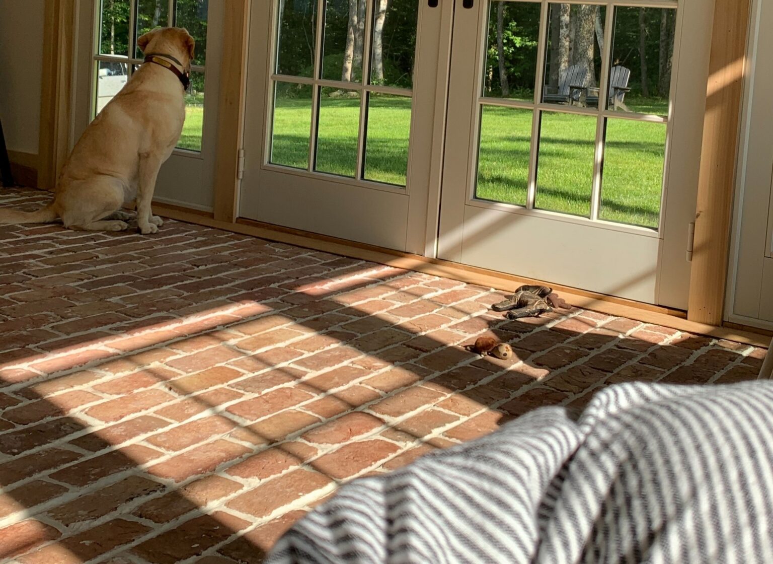 Sunroom with reclaimed brick floor. There is a dog looking out the window.